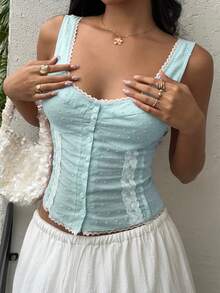 Sunnyshic Lace Patchwork Scoop Neck Fitted Front Button Camisole - Baby Blue - View 3