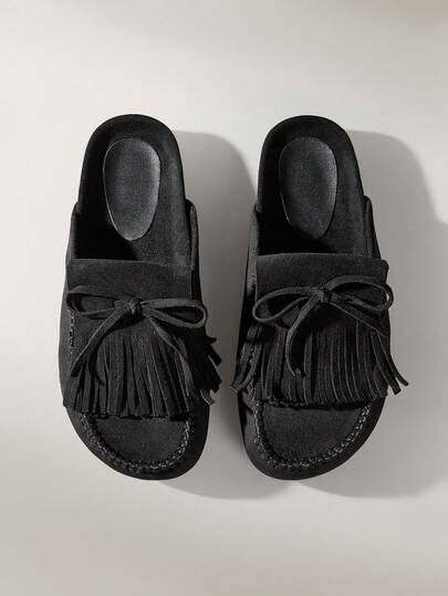 Solecia Women's Fashion Thick Sole Birkenstocks Tassel Bow Slip-On Sandals, Comfortable For Daily Wear