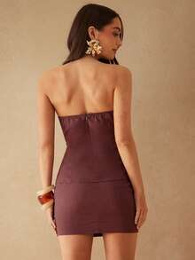 Silquee Women's Linen Tube Top And Skirt 2 Pieces Set - Coffee Brown - View 2