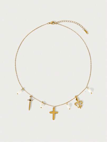 Glisma 1 Pc Fashionable & Elegant Stainless Steel Cross & Pearl Pendant Necklace For Women, Minimalist Choker,Outfits,Old Money,Metallic/Texture,Gemstone,For Mom/Women/Girl/Mother,Premium,Vintage,Classy,Cross,Valentine's Day,Gift