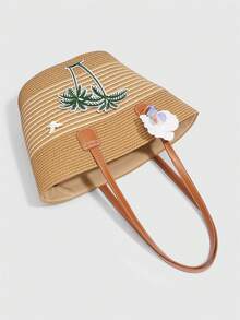 ROMWE Fairycore 1 Buah Tas Tote Wanita Bertema Liburan dengan Hiasan Kerang, Bintang, dan Mutiara, Tas Pantai Jerami Alfabet Kapasitas Besar, Cocok untuk Musim Semi/Panas - Khaki putih - View 4