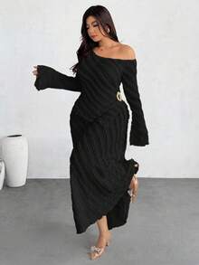 Firerie Plus Size Women's Elegant Textured Fabric Irregular Collar Flare Sleeve Fitted Top And Skirt 2 Pieces Set, Suitable For Spring/Autumn Vacation Black Dresses For Women Long Dresses - Black - View 1