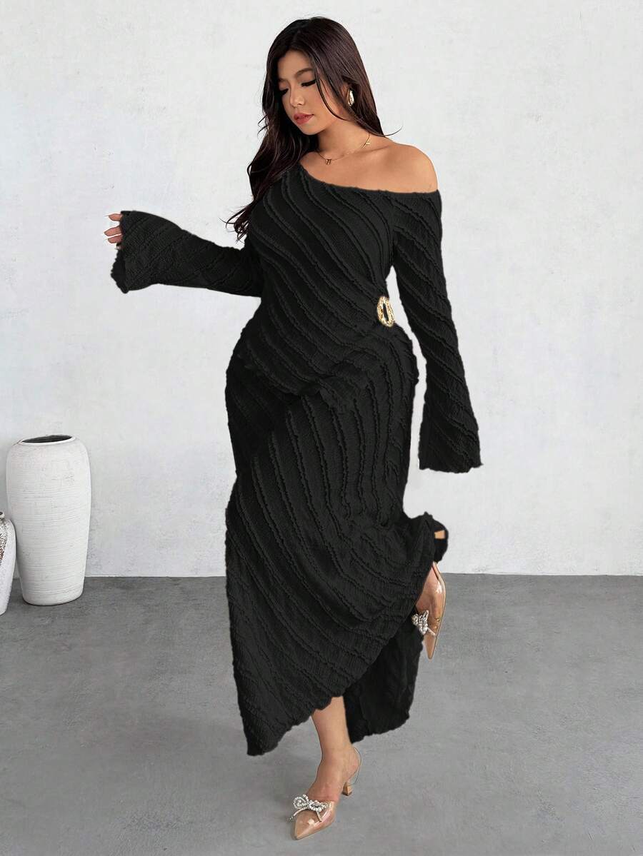 Firerie Plus Size Women's Elegant Textured Fabric Irregular Collar Flare Sleeve Fitted Top And Skirt 2 Pieces Set, Suitable For Spring/Autumn Vacation Black Dresses For Women Long Dresses - Black - View 1