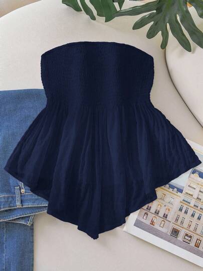 SHEIN Frenchy 大码女式不对称下摆无肩带白色休闲度假上衣，适合浪漫之旅和海滩度假