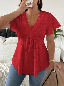 SHEIN Frenchy Plus Size Tie Dye Floral V-Neck Lace Patchwork Textured Women T-Shirt - Red - View 4
