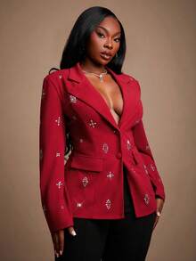 SHEIN SXY Áo khoác Blazer nữ cỡ lớn Thu Đông, Xuân Hè Thanh lịch Tuyệt đẹp Quyến rũ Gợi cảm Cơ bản Sang trọng Đính đá Rhinestones - Màu Đỏ Sâu - Xem 5