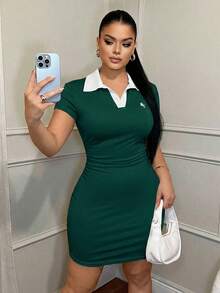 SHEIN SXY 女士休闲商务刺绣Polo领连衣裙 - 彩色 - 查看 5