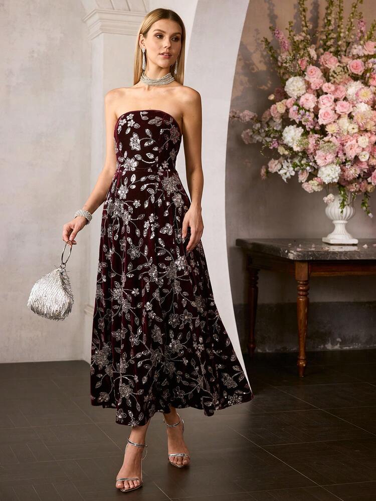 MOTF Soiréza WOMEN'S PARTY STRAPLESS CONTRAST SEQUINS BEADED EMBROIDERED DRESS