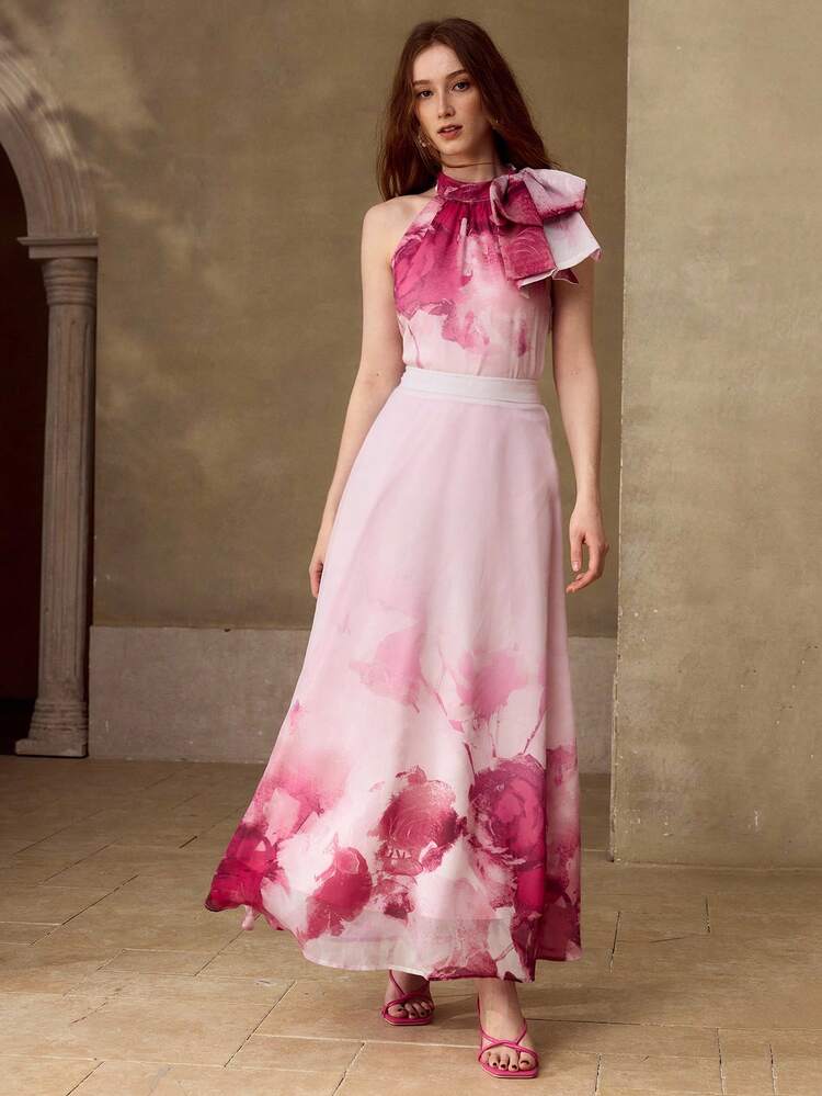 WOMEN'S OMBRE BOW DECOR TOP & SKIRT 2-PIECE OUTFIT SET