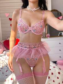 PetitDoll 5件套性感蕾丝刺绣女士内衣套装（钢圈文胸、丁字裤、腰带、2双渔网袜） - 粉色 - 查看 1
