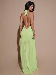 SHEIN BAE Đầm maxi lưới ôm sát cơ thể màu vàng kem trơn, tối giản, cổ chữ V sâu, kiểu yếm, xếp ly, thích hợp cho tiệc tùng, cocktail, các dịp trang trọng, phù dâu, sinh nhật, Giáng sinh, công sở thường ngày, đầm maxi thanh lịch dành cho nữ. - Màu xanh chanh - Xem 2