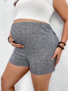 SHEIN Plus Size Maternity Solid Color Ribbed Knit Shorts Maternity Shorts Biker Shorts - Grey - View 3