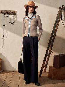 Zovinel Nuevo cárdigan elegante de ajuste ceñido con cuello en V y contraste de color para mujer, para otoño - Beis - Ver 4