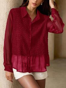 EMERY ROSE Women's Vintage French Style Ruched Patchwork Blouse, Unique Design, Lightweight Sheer Protection Collared Button-Up Long Sleeve Shirt, Spring/Summer - Burgundy - View 2