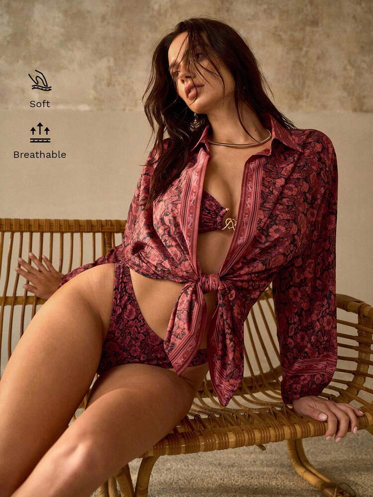 FLORAL BOHEMIAN VACATION LOOSE CHIFFON SHEER 3/4 SLEEVE BEACH COVER UP