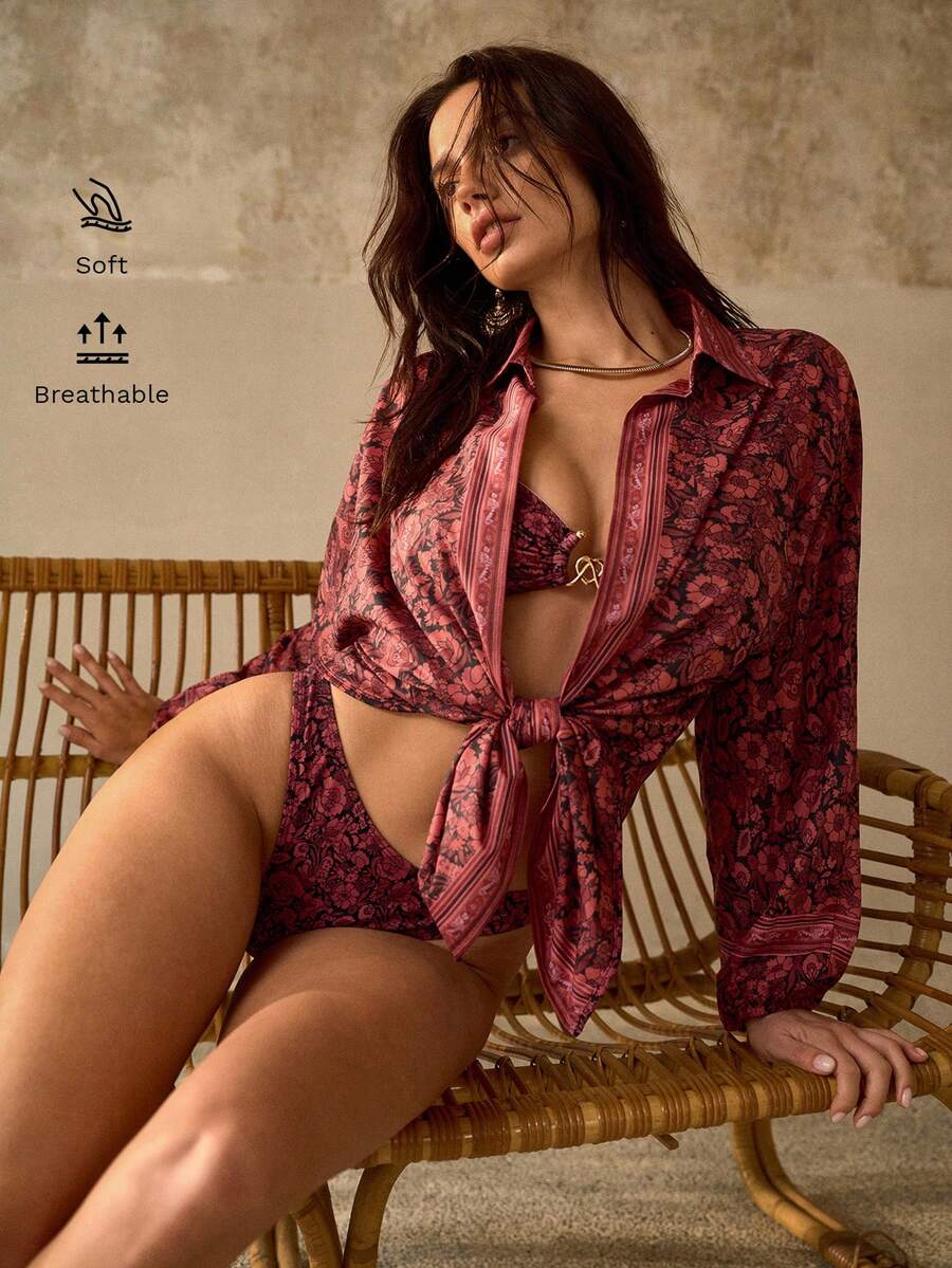 MOTF PREMIUM 花卉波西米亚风度假宽松雪纺薄纱七分袖沙滩罩衫 - 彩色 - 查看 1