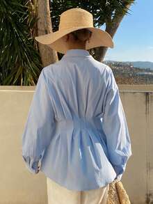 Livesso Women's Collared Ruched Waist Blouse, Autumn/Winter - Blue - View 6