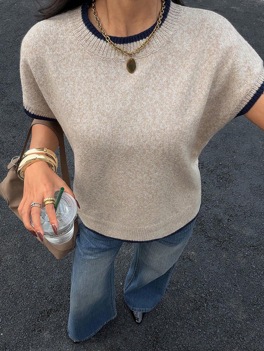 Siren Gaze 女士时尚休闲撞色滚边圆领蝙蝠袖针织上衣