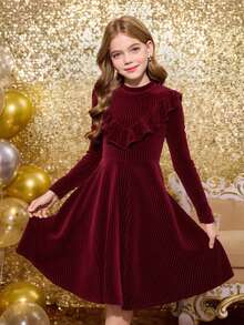 SHEIN Serisse Kids 女童条纹天鹅绒 A 字裙，优雅长袖蛋糕裙，适合生日派对、度假，非常适合秋冬季休闲日常穿着和上学日常穿着，适合圣诞节、母女搭配 - 酒紅色 - 查看 3