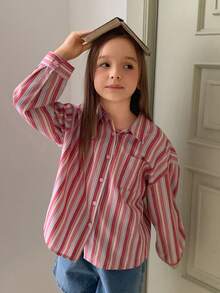 DAZY Tween Girls' Casual Striped Front Button Long Sleeve Shirt, Autumn Spring - Pink - View 5