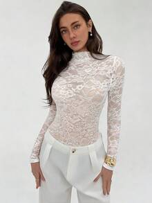 Aloruh Solid Color Stand Collar Sheer Lace Long Sleeve Bodysuit - White - View 1