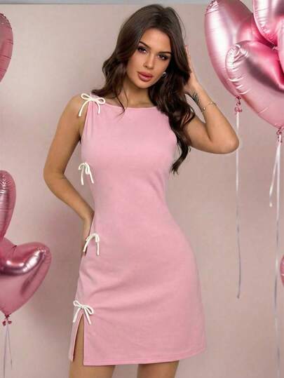 Firerie Elegant Bowknot Decor Sleeveless Slim A-Line Mini Skirt, Sexy Commuter Outfit, Spring/Summer, Valentine's Day Pink Bodycon Dress Bow Detail Dress Pink Dress For Women