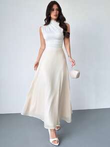 Firerie 女士优雅简约浪漫约会度假海滩日常通勤杏色浅黄色雪纺飘逸A字褶裥拉链设计半身裙，春夏款 - 杏色 - 查看 4