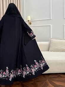 Yasmyna Áo choàng Abaya dài tay dáng rộng thanh lịch dành cho nữ, thêu hoa và ghép mảnh. - màu đen - Xem 8