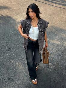 SHEIN PETITE Women's Single-Breasted Loose Casual Denim Jacket With Dolman Sleeves - Black - View 4