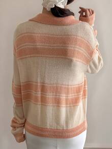 DAZY Striped Collared Cropped Loose V-Neck Sweater For Women - Coral Orange - View 2