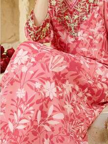 SHEIN 甜美粉色碎花图案，少女休闲简约长袖圆领连衣裙，适合秋冬季穿着 - 彩色 - 查看 5