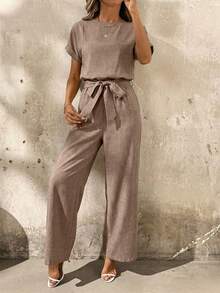 SHEIN Clasi Vacation Casual Short Sleeve Jumpsuit With Belt - Camel - View 5