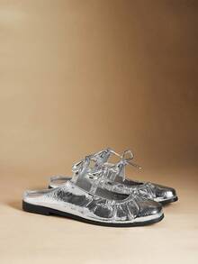 Rosivie Women's French Style Flat Slip-On Shoes, PU Fabric Woven Hollow Toe, Outdoor Versatile Ladies Mules - Silver - View 3