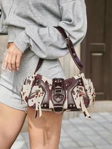 Viva Strut Ladies, Women Shoulder Bag, Hobo Bag, Fashionable, Personalized, Simple, Versatile, Street, Sweet And Cool Girls, Hot Girls, Y2k, Rivets, Biker Style, Punk, Teenagers - cow pattern - View 6