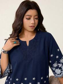 SHEIN LUNE Plus Size V-Neck Short Sleeve Embroidered Casual Shirt Fall - Royal Blue - View 6