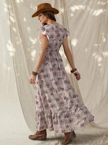 Wildy 波西米亚风休闲美式西部乡村复古格子马图案连衣裙，荷叶边下摆，适合春夏穿着 - 杏色 - 查看 2