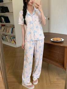 2pcs Women's Casual Bow Tie Printed Short Sleeve Top And Loose Pants Loungewear Set - Apricot - View 5