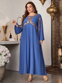 Al Najma Elegantes Patchwork-Kleid mit bunter, bestickter Blumenapplikation und Glockenärmeln, für Frühling/Sommer - Blau - Übersicht 4