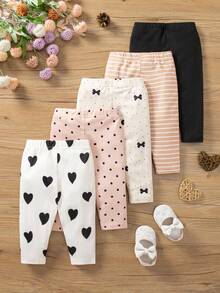 SHEIN Vintaside Kids 5件套女婴休闲日常百搭心形、波点、蝴蝶结、条纹印花裤，春秋 - 彩色 - 查看 2