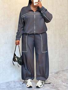 Slaydiva Conjunto de 2 piezas de top de manga larga y pantalones de talla grande con contraste de color - Azul - Ver 5