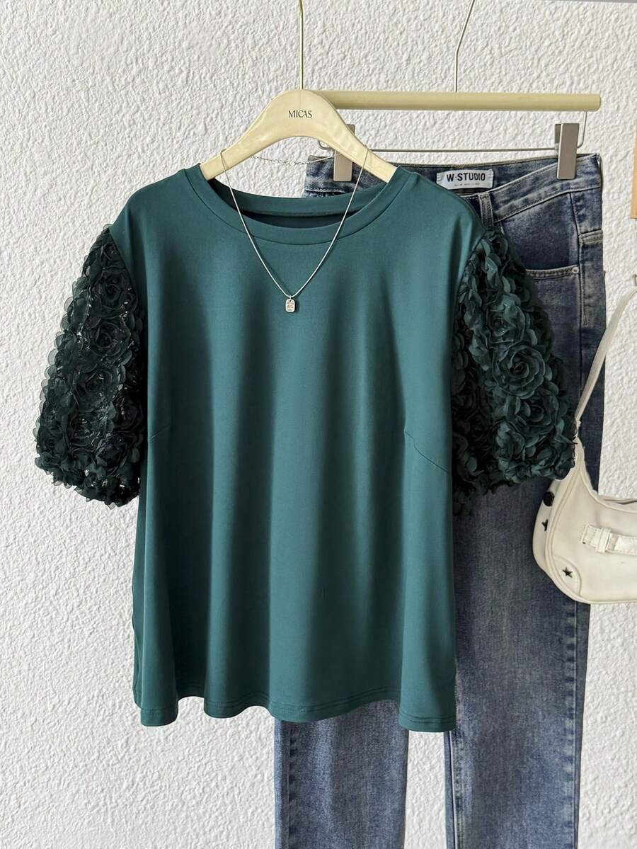 Lacomfia Plus Size Solid Color Short Sleeve 3D Floral Puff Sleeve Knit ...