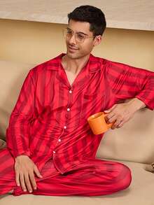 Velminro 男士条纹纽扣前开襟舒适透气休闲睡衣套装 - 紅色 - 查看 5