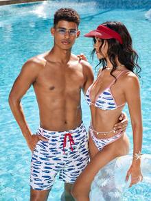 Manfinity VDAYZ Pantaloni scurți de plajă pentru bărbați, cu imprimeu integral și buzunare oblice, talie cu șnur - Multicolor - Vizualizare 7