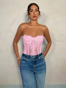 SHEIN BAE 浪漫白色蕾丝拼接可拆卸肩带紧身胸衣连体衣，适合浪漫约会、闺蜜聚会、早春郊游、派对活动 - 束身胸衣、演唱会服装、性感连体衣、春季女装、情人节服装 - 粉色 - 查看 7