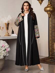 Al Najma 大码女式长袖拼接串珠刺绣阿拉伯长袍 - 黑色 - 查看 3