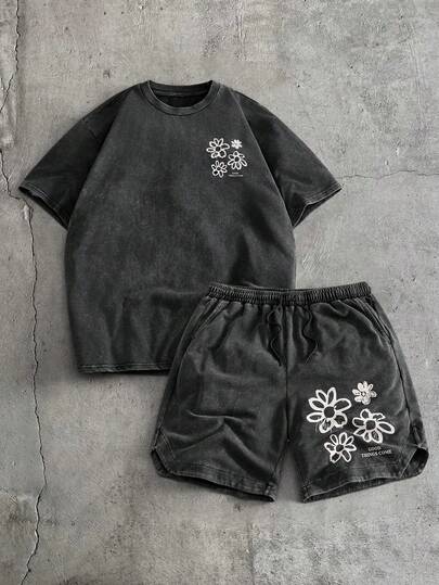 AXEPEAK 男士休闲印花水洗短袖T恤和抽绳短裤套装，夏季