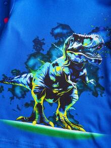 Bộ đồ ngủ bó sát thoải mái 2 món cho bé trai mới biết đi, dễ thương, cổ tròn, tay dài, in họa tiết khủng long kỹ thuật số định vị bằng laser - Xanh đậm - Xem 4