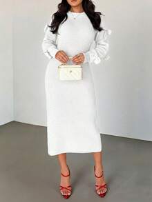 Islaluna Women's Basic Minimalist Fashion Design Bow Elegant French Style Sweater Dress