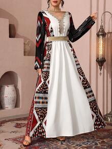 Al Najma Casual Retro Print V-Neck Long Sleeve Sadu Retro Print Waist A-Line Regular Spring Autumn Turkish Maxi Dress & Arabic Traditional Abaya