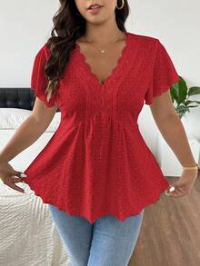 SHEIN Frenchy Plus Size Tie Dye Floral V-Neck Lace Patchwork Textured Women T-Shirt - Red - View 1